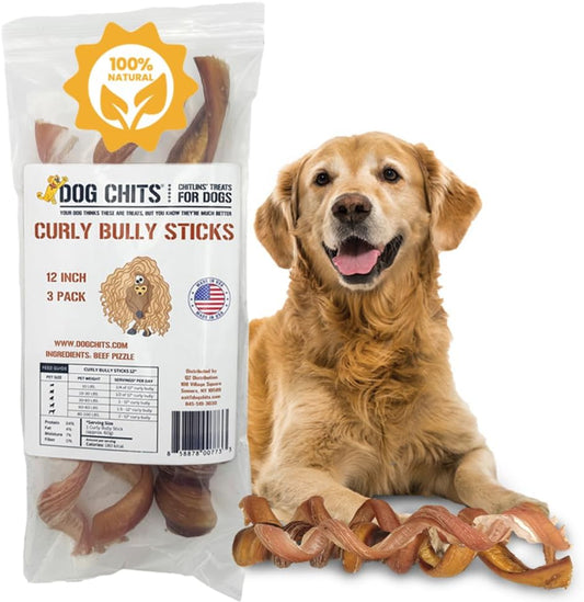 Dog Chits Curly Bully Sticks for Dogs and Puppies | 12-inch | All Natural, Treats | Long Lasting Chew | Promotes Dental Health | Keeps Pups Busy | Grass Fed Beef | 3 Pack
