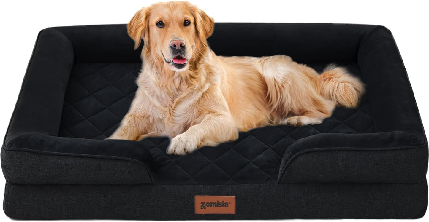 Orthopedic Dog Bed for Extra Large Dogs, XL Washable Dog Beds with Bolsters, Memory Foam Pet Sofa with Removable Waterproof Cover & Nonskid Bottom, Black