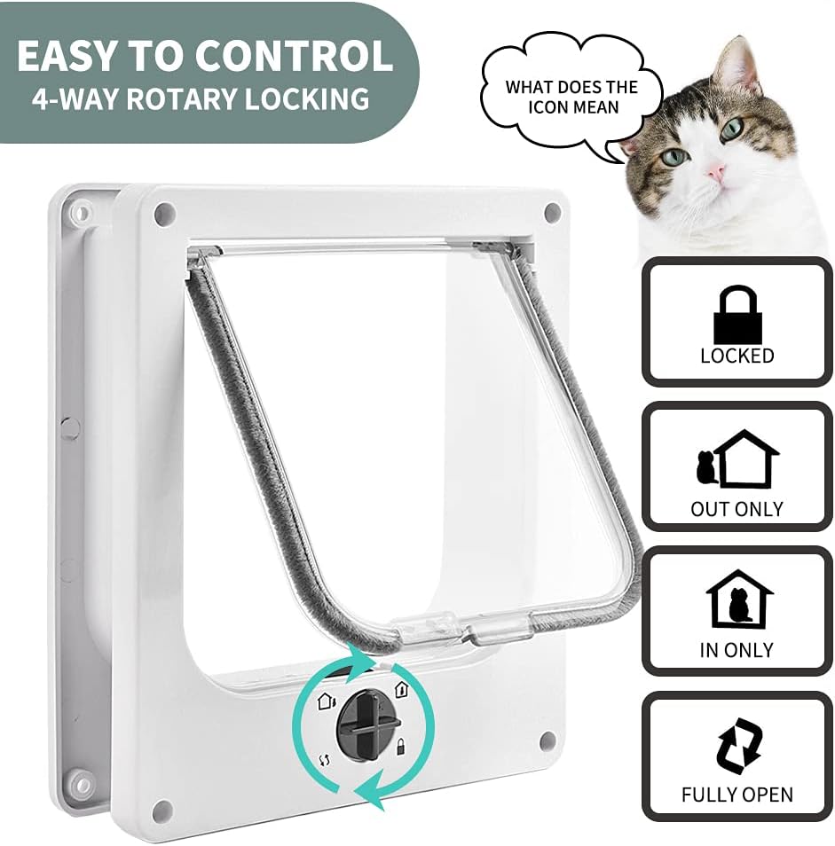 EASY JOY Cat Doors(Outer Size 10.6" x 9.2"), 4-Way Locking Cat Door for Interior Exterior Doors, Weatherproof pet Door with Magnet for Cat or Dog < 21.5 inches in Girth(White L)