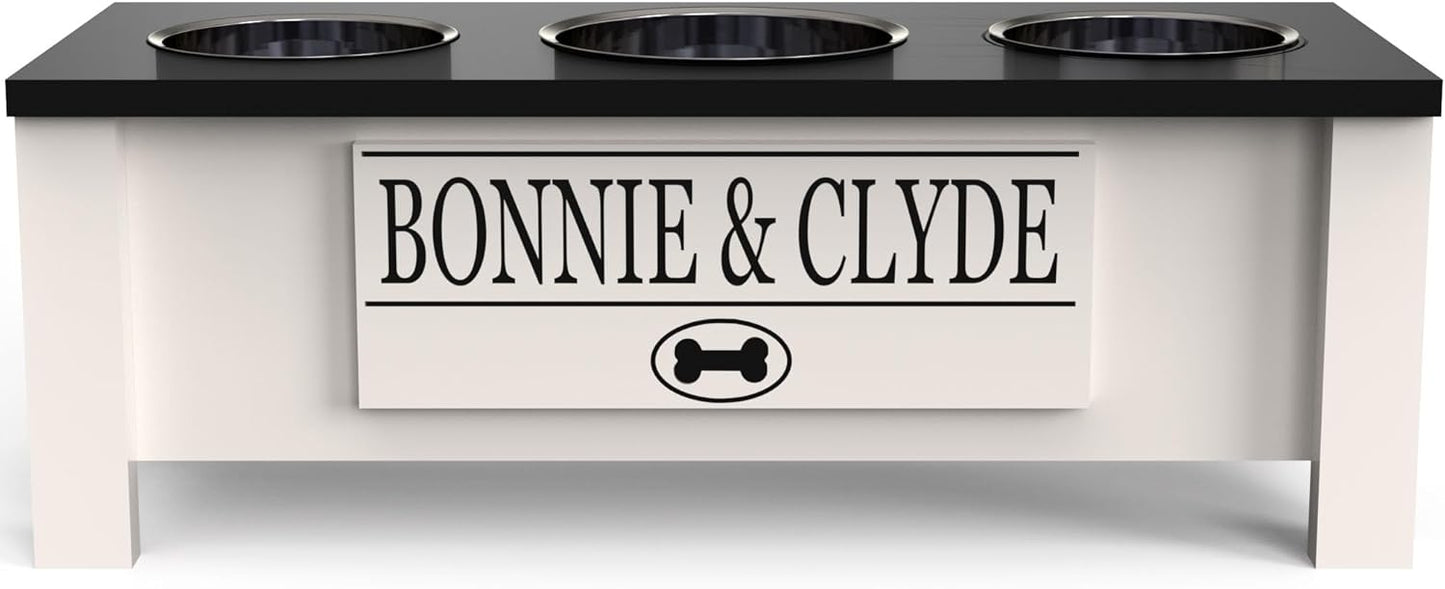 GrooveThis Woodshop - Personalized Elevated Triple Dog Bowl Stand for Large, Medium, Small, X-Small Dogs - 3 Stainless Steel Food and Water Bowls - Raised Dog Dish Internal Storage (Medium, Black)