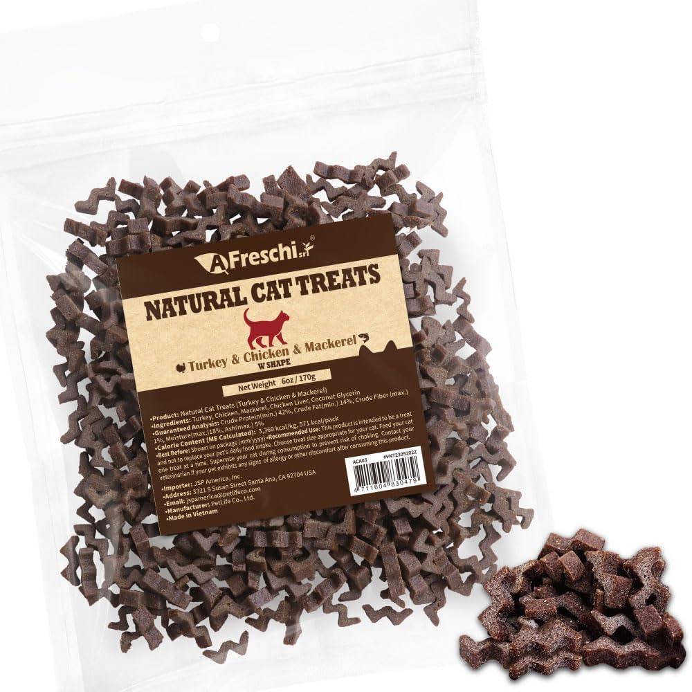 Afreschi Natural Cat Treats Turkey & Chicken & Mackerel W Shape 6 oz, All-Natural, High-Protein, Grain-Free, Healthy, Low-Fat, Easily Digestible