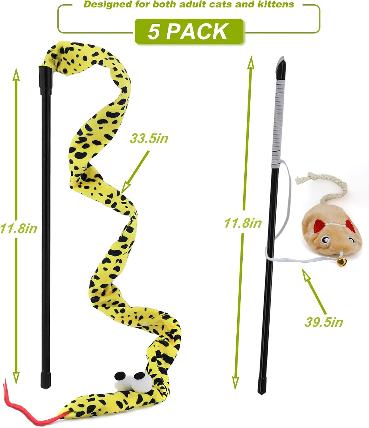 Interactive Cat Toy Wand with Catnip Mouse, Cat Teaser Wand Rainbow String for Bored Indoor Adult Cats and Kittens (5 Pack)