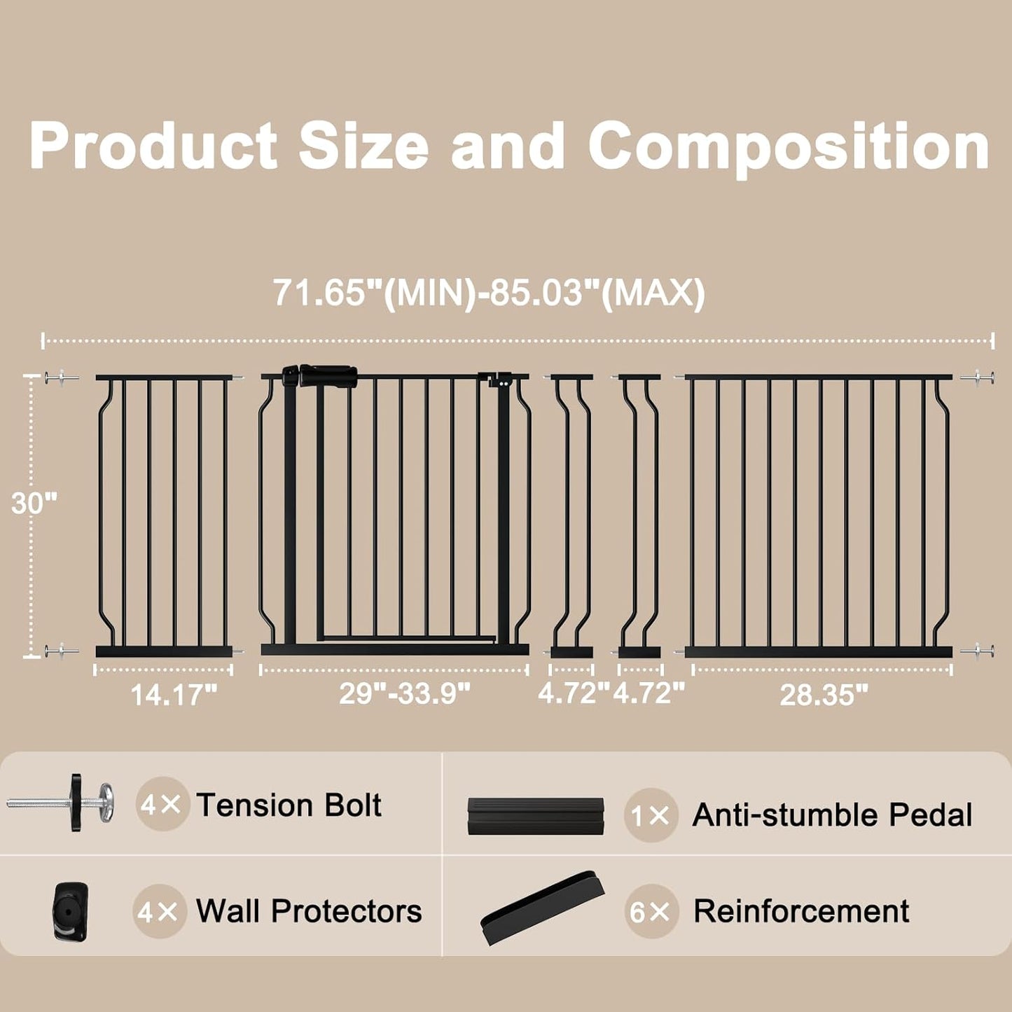 WAOWAO Baby Gate 71.65-85.03" Extra Wide Pressure Mounted Walk Through Swing Auto Close Safety Metal Black Toddler Kids Child Dog Pet Puppy for Stairs,Doorways,Kitchen