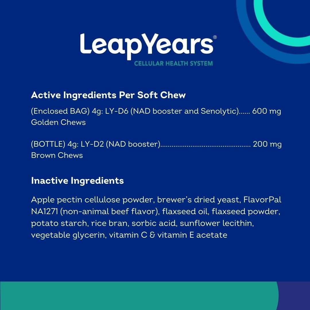 Leap Years Soft Chew Dog Health Supplement – Dog Cognitive Supplement, Supports Longevity of Your Pet, Brain, Heart & Muscle; Powerful NAD for Dogs + Senolytic Formula, Patent-Pending, Vet-Formulated