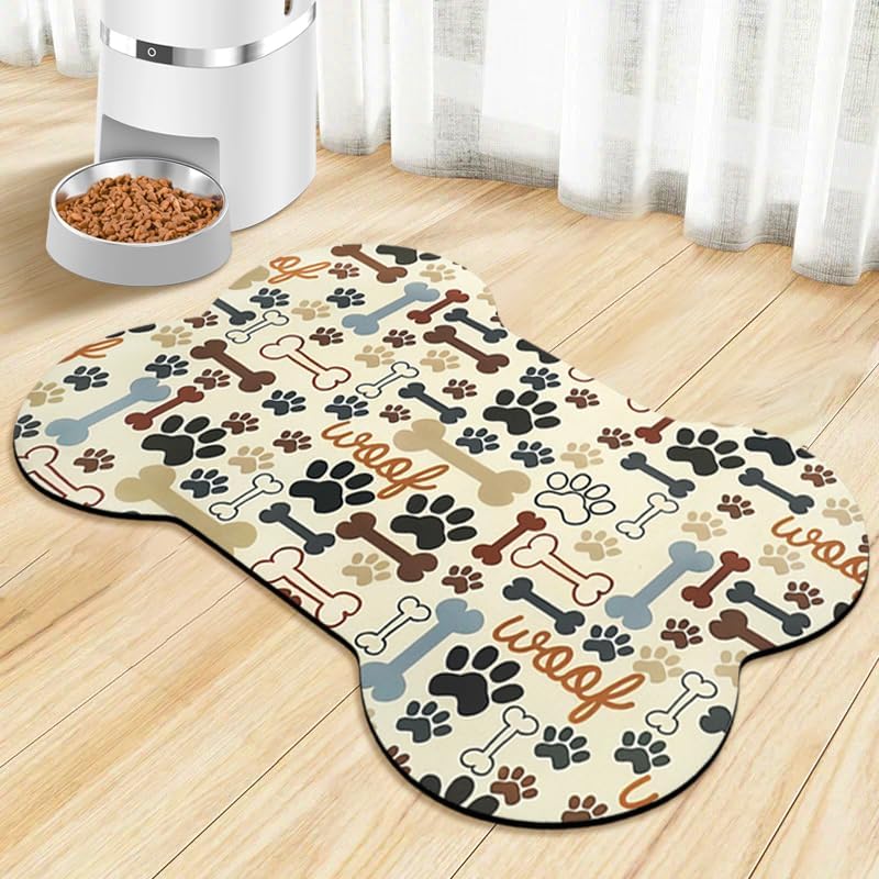 Dog Food Mats for Floors Waterproof, Pet Feeding Absorbent Water Bowl Mat Cat Placemats Beige Bone Shape 23.6 * 15.7 inch