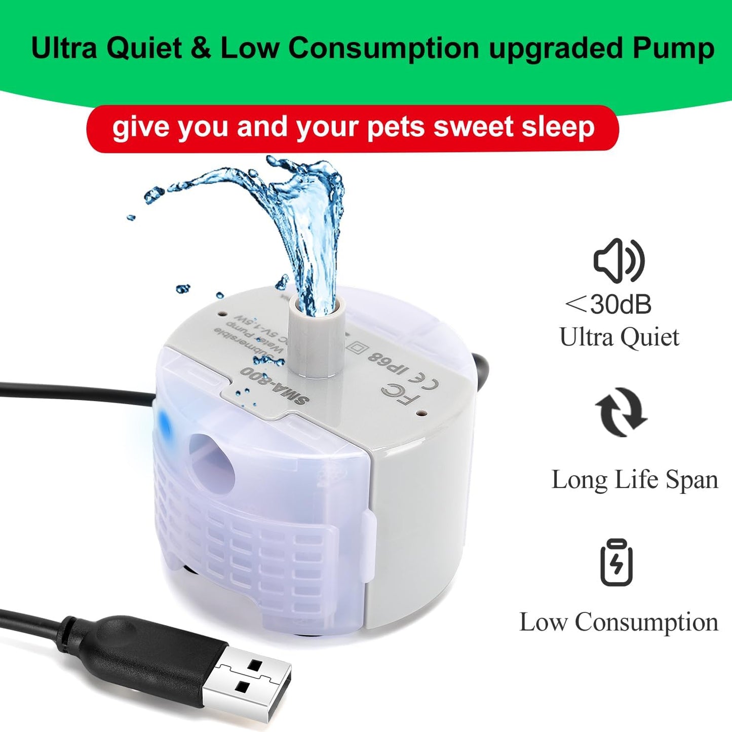 Cat Water Fountain Pump,Pet Water Fountain Pumps Replacement SMA-800 Submersible Motor,Cat Fountain Pump for Stainless Steel Cat Water Dispenser