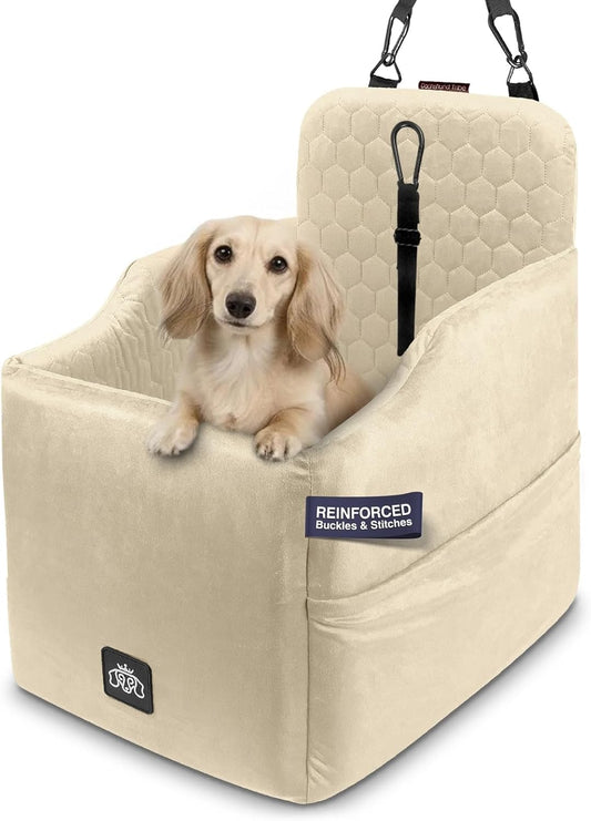 Dog Car Seat for Small Dogs - Safety Booster Bed for Car Travel, Machine Washable Cover, Scratch & Water Resistant, Adjustable, Non-Slip Base (Cream, Small/Medium)