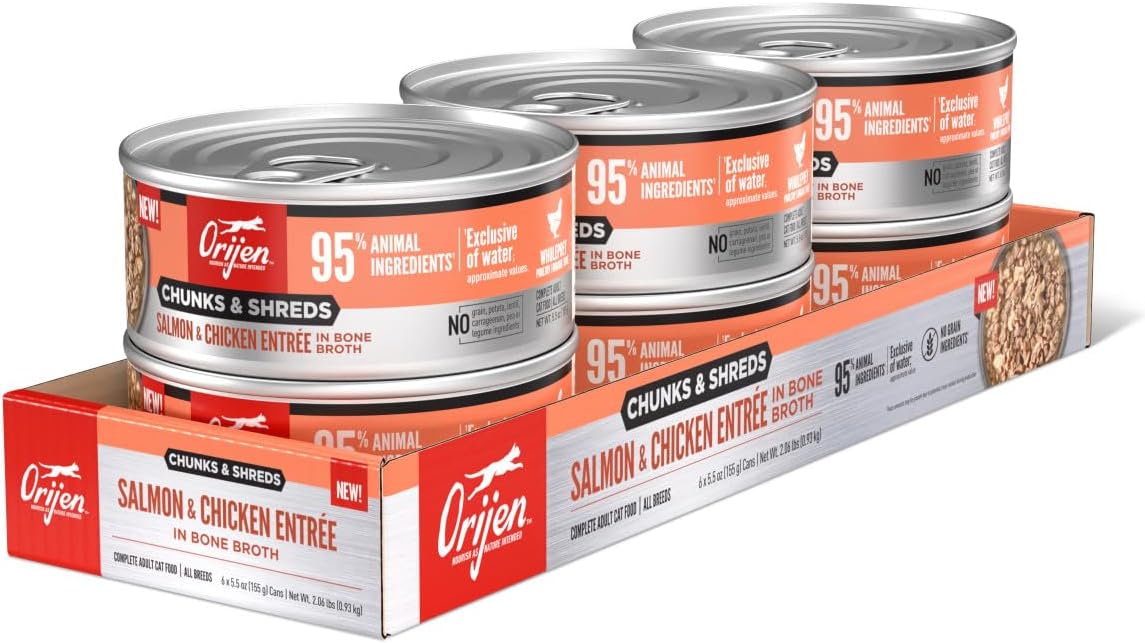ORIJEN Chunks & Shreds Wet Cat Food Salmon & Chicken Entrée 5.5oz Cans (6 Count)