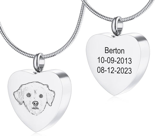 MeMeDIY Personalized Heart Paw Print Ashes Urn Pendant Necklace Custom Name/Photo/Date for Women Men Pet Lover Stainless Steel Memorial Dog Cat Pet Keepsake with Funnel Fill Kit Angel Wing