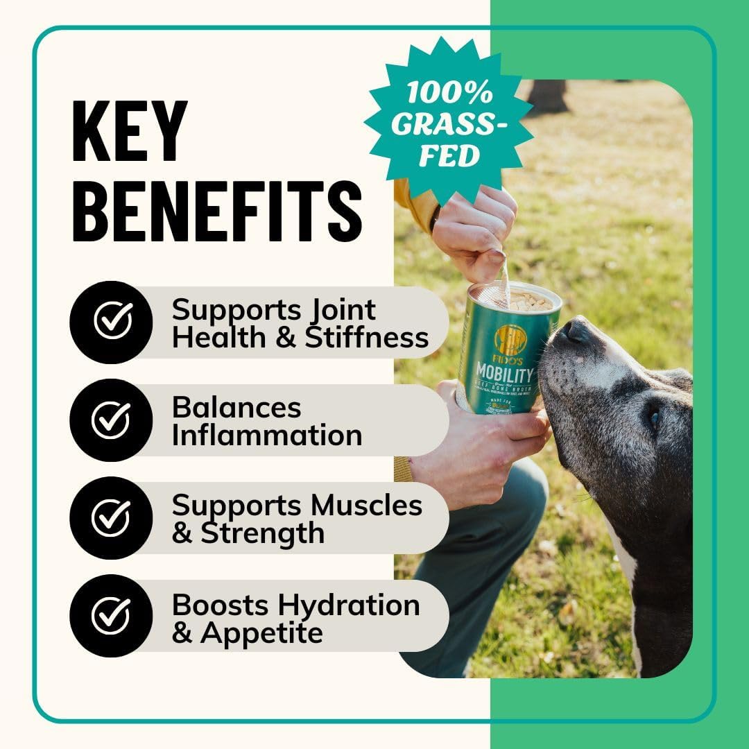 Fido's Mobility Bone Broth for Dogs - Grass-Fed Beef Bone Broth Powder & Organic Herbs - Joint Supplement for Dogs - Dog Food Topper for Dry Food - 60 Scoops