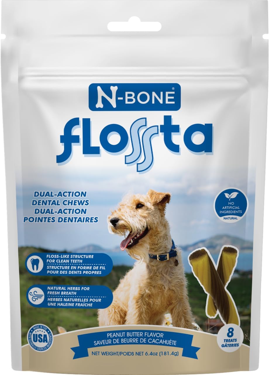 N-Bone Flossta Dual Action Dental Chews for Dogs, Unique Twist Shape for Deep Teeth Cleaning and Proactive Dental Care, Peanut Butter Flavor, 8 Count 6.4-oz Bag