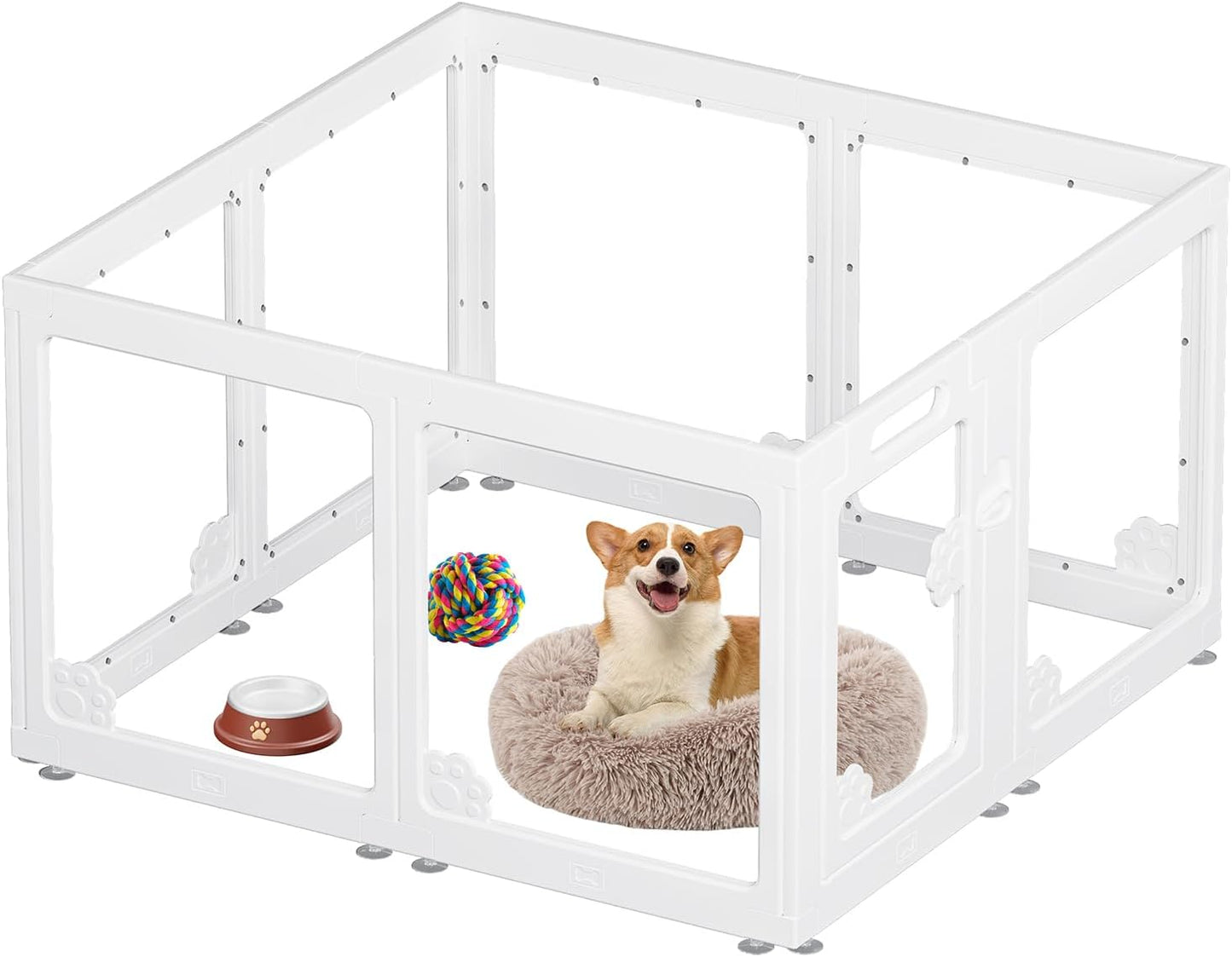 Expandable 8PCS Dog Playpen for Indoors, Modular Puppy Play Pen with Lockable Door, Chew-Proof Transparent Panels & Waterproof Base. Perfect for Small Animals, Puppy Training or Multi-Pet Homes