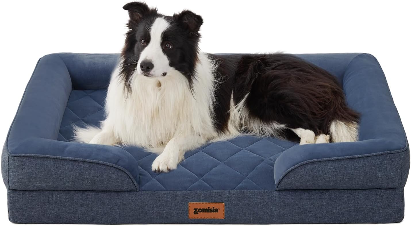 Orthopedic Dog Bed for Large Sized Dogs, Washable Large Dog Beds with Bolsters, Memory Foam Pet Sofa Bed with Removable Waterproof Cover & Nonskid Bottom, Navy Blue