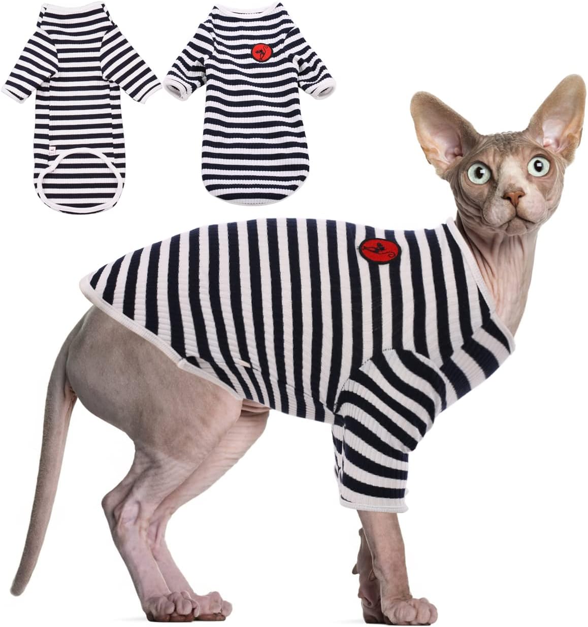 DENTRUN Hairless Cats Shirt Breathable Cat Daily Wear Clothes Stripe Vest Adorable Pajamas Jumpsuit Soft & Skin-Friendly