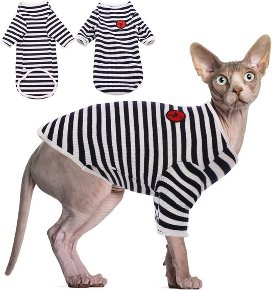 DENTRUN Hairless Cats Shirt Breathable Cat Daily Wear Clothes Stripe Vest Adorable Pajamas Jumpsuit Soft & Skin-Friendly