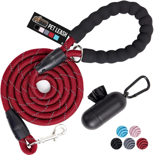 GORILLA GRIP Dog Leash, Heavy Duty Reflective Rope Leashes for Large, Medium, Small Breed Dogs, Puppy Training Essential for Walks, Hikes, Soft Handle, Rotating Metal Clip, Waste Bag Dispenser, Red