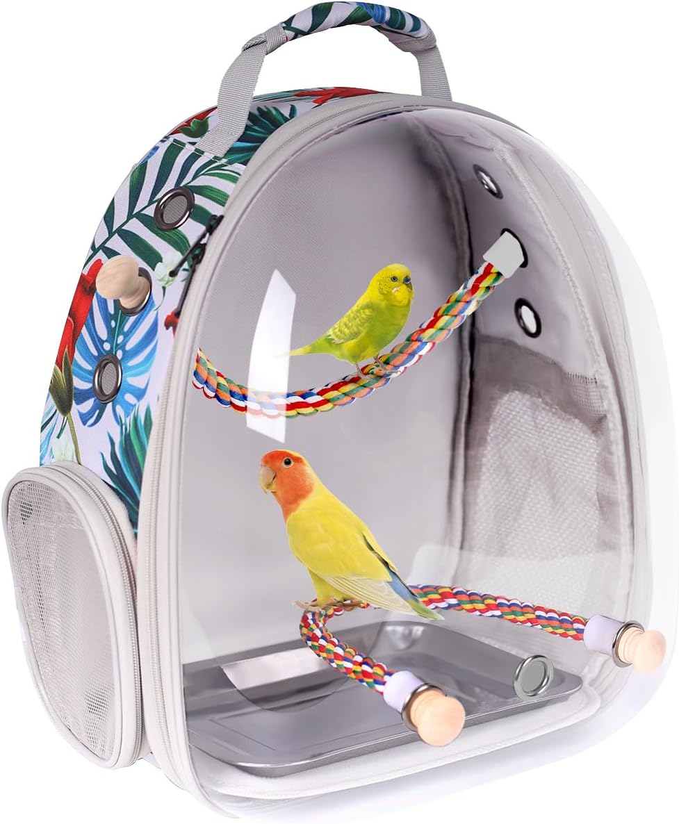 Bird Traval Carrier Cage, Clear Space Capsule Astronaut Backpack to Carry Parakeet Cockatiel Parrot with Metal Tray Wood Perch, Vet Transport Book Bag Floral Printed