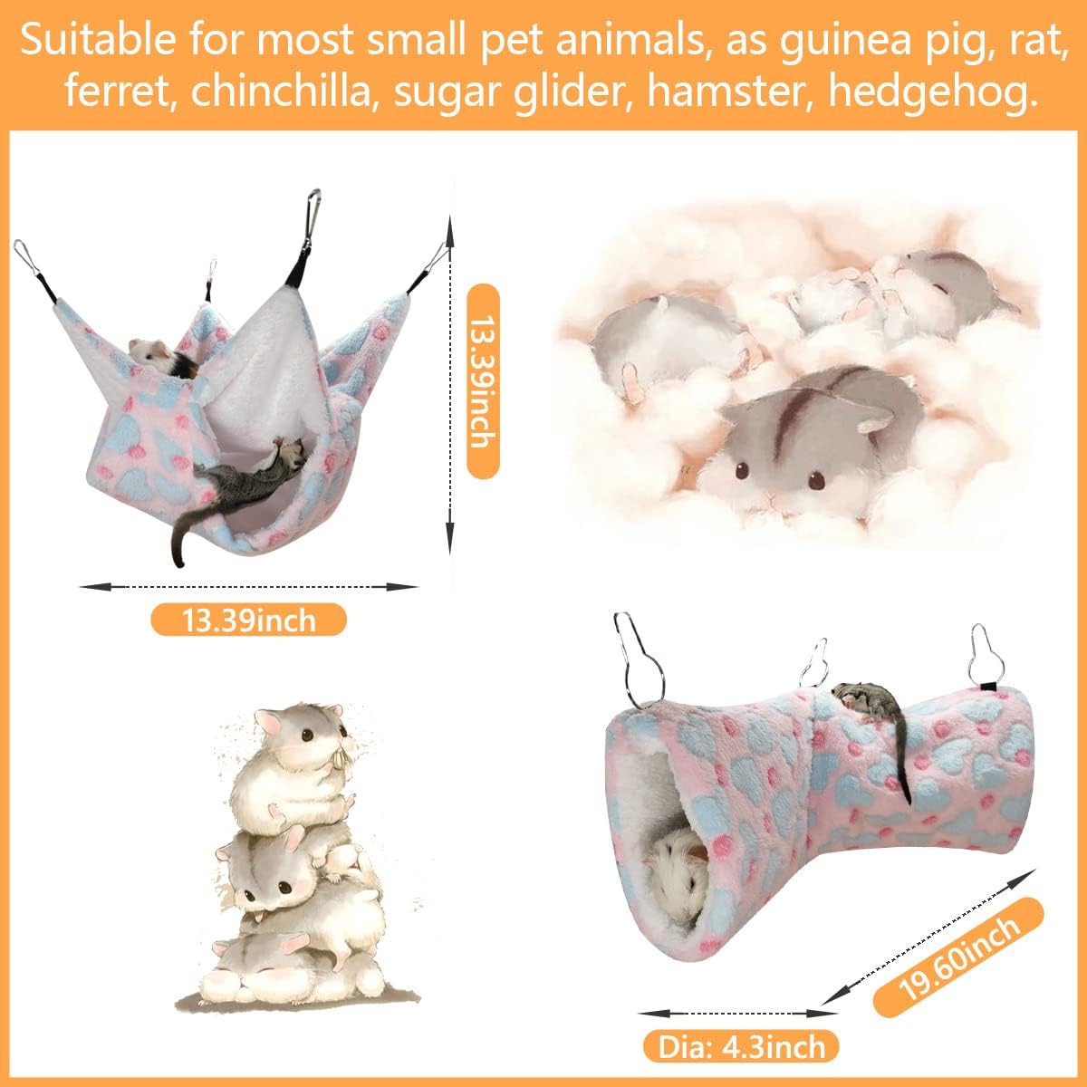 LEFTSTARER Guinea Pig Ferret Rat Hammock Toy Set - Small Animal Cage Accessories Hideout Tunnel & Bunkbed for Rat Ferret Guinea Pig Hamster Sugar Glider Chinchilla (Heart-Pink)