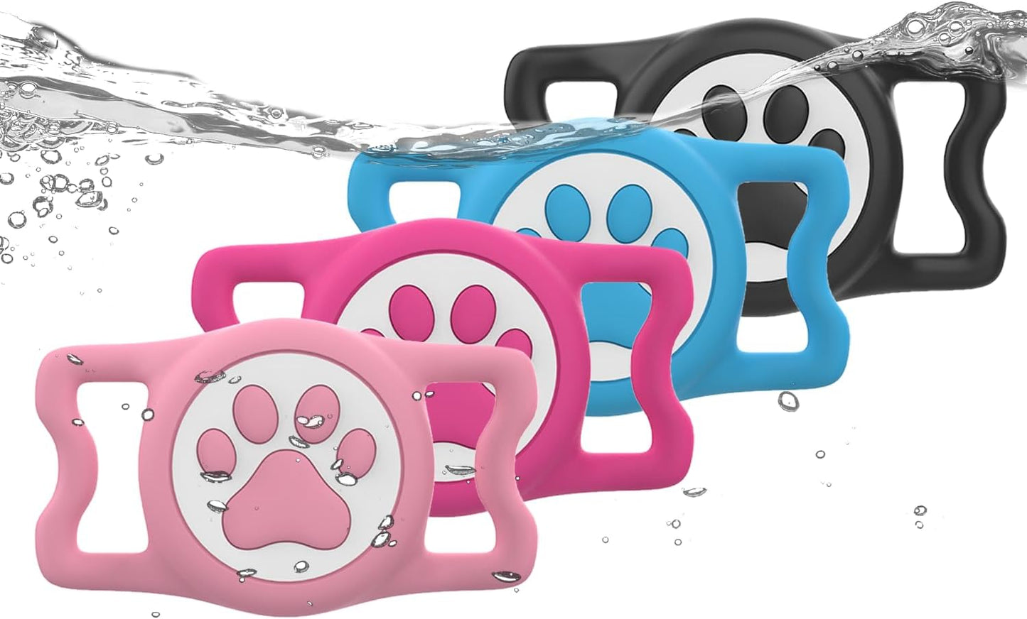 IP68 Waterpoof Dog tag Holder, Stretchy Silicone Full Body Covered Apple Tag Holder for Dog Cat Collar Fit All Width Collar (Black/Blue/Pink/Rose, 4 Pack)