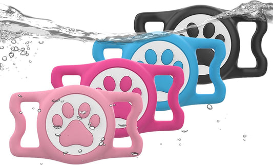IP68 Waterpoof Dog tag Holder, Stretchy Silicone Full Body Covered Apple Tag Holder for Dog Cat Collar Fit All Width Collar (Black/Blue/Pink/Rose, 4 Pack)