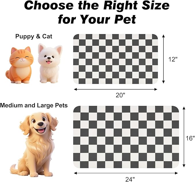 Checkered Pet Feeding Mat, Absorbent Dog Mat for Food and Water Bowls Dispenser 16" x 24" Black