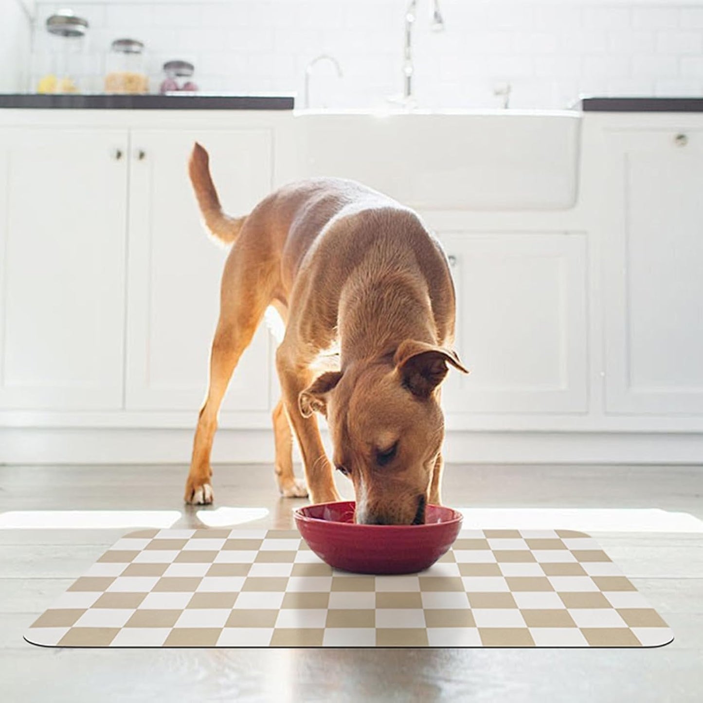 Checkered Pet Feeding Mat, Absorbent Dog Mat for Food and Water Bowls Dispenser 17" x 32" Khaki
