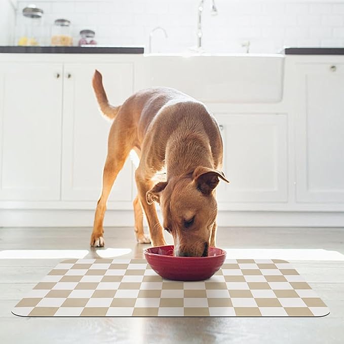 Checkered Pet Feeding Mat, Absorbent Dog Mat for Food and Water Bowls Dispenser 16" x 24" Khaki