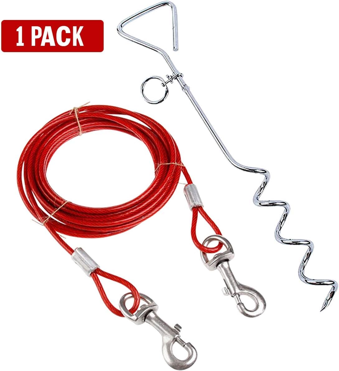 Katzco Chrome Dog Corkscrew Stake with Leash Lead - 25 Foot Cable with 80 lb Pull Strength - Heavy-Duty Outdoor Tie-Out for Large, Medium, and Small Energetic Dogs - Backyard Summer Dog Run - Red