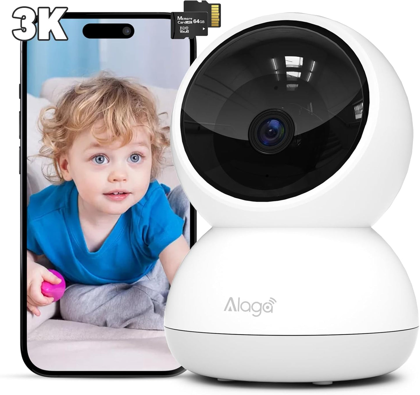 Alaga 3K Indoor Security Camera,5G and 2.4G WiFi,360° Pan and Tilt,AI Human Pet MotionDetection,Night Vision,Two-Way Audio,Compatible with Alexa & Google Assistant,Free 64G SD Card