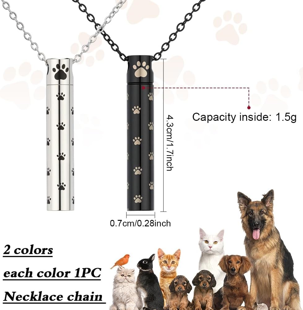 Dog Urn Necklaces for Ashes Paw Cylindrical Cremation Dog Paw Stainless Steel Pet Ashes Pendant for Puppy Pet Memorial Keepsake Jewelry 2PCS