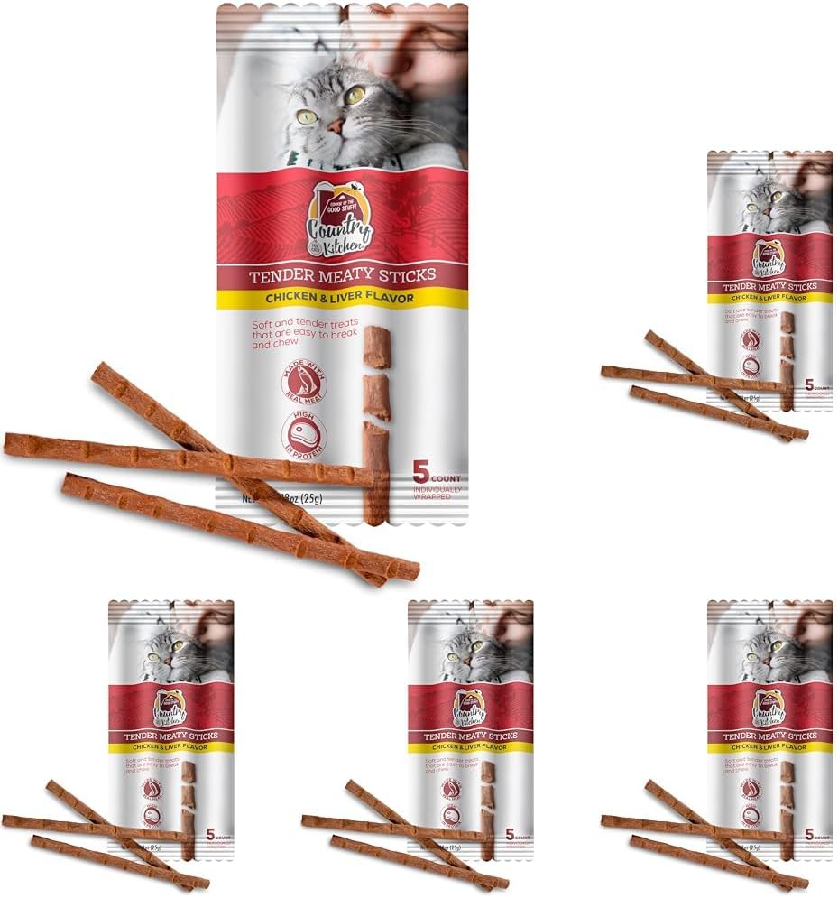 Country Kitchen Chicken & Liver Tender Meaty Sticks Cat Treats, High in Protein, Easy to Break and Chew, 0.88 Oz, 5 Count (Pack of 5)