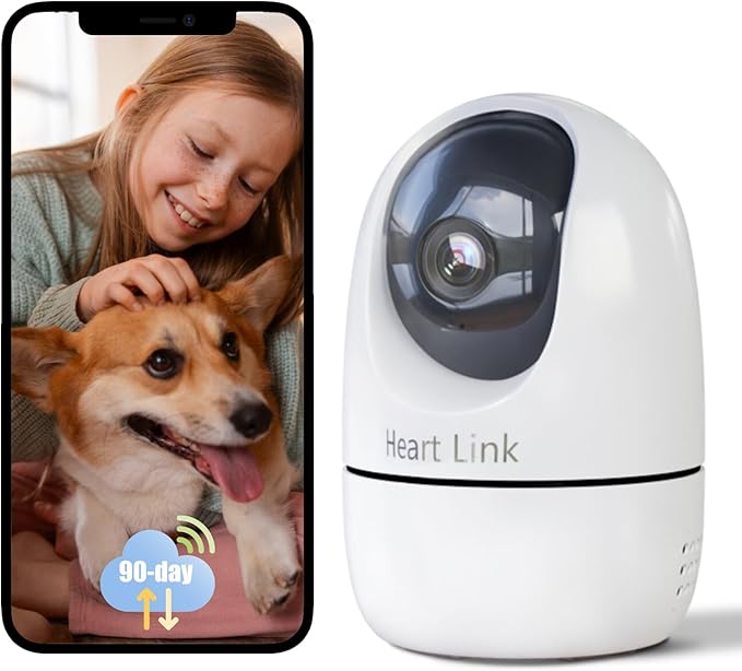 Heart Link Indoor Camera, 2.5K Pet Camera with Speaker for Dogs and Cats, 90-Day Cloud Storage, Phone App, AI Human & Pet Detection, 360° View, Night Vision, 2-Way Audio