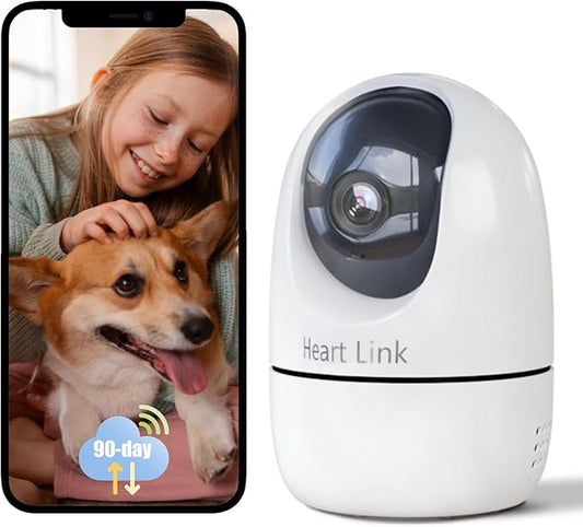 Heart Link Indoor Camera, 2.5K Pet Camera with Speaker for Dogs and Cats, 90-Day Cloud Storage, Phone App, AI Human & Pet Detection, 360° View, Night Vision, 2-Way Audio