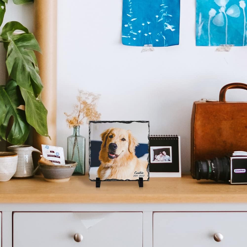 Bemaystar Personalized Rock Slate Photo Frame- Dog Photo Slate Stone Plaque, Customized Gifts for Pet Lovers, Personalized Square Shaped Picture Frame 5.9x5.9