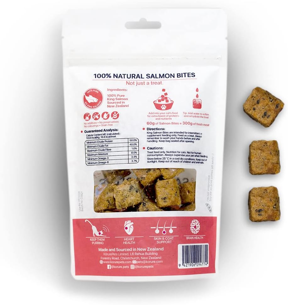 Freeze Dried Salmon Cat Treats 100% Natural New Zealand King Salmon Grain-Free Cat Essentials, High in Omega-3 Fatty Acids for Healthy Skin & Coat Cat Enrichment, Freeze Dried Cat Treats