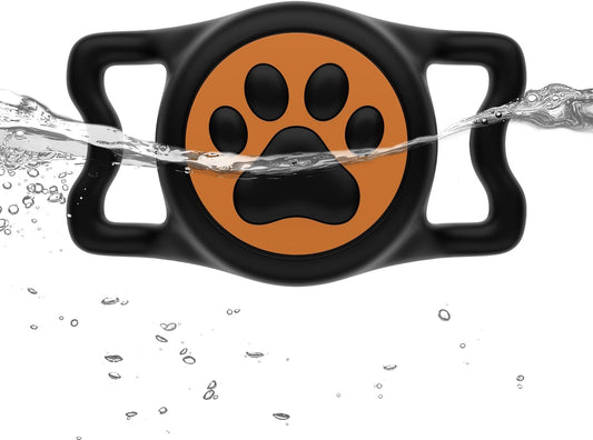 IP68 Waterpoof Dog Air tag Holder, Stretchy Silicone Full Body Covered Apple Air Tag Holder for Dog Cat Collar Fit All Width Collar (Black & Orange, 1 Pack)