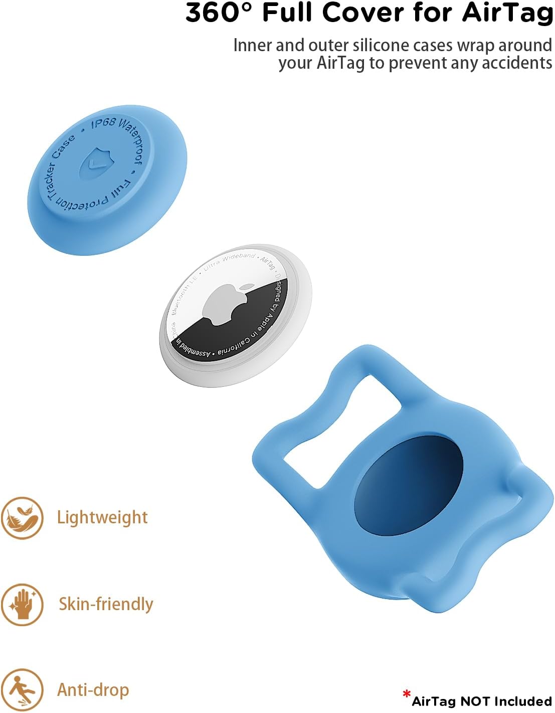 IP68 Waterpoof Dog Airtag Holder, Stretchy Silicone Full Body Covered Apple Air Tag Holder for Dog Cat Collar Fit All Width Collar (Blue, 1 Pack)