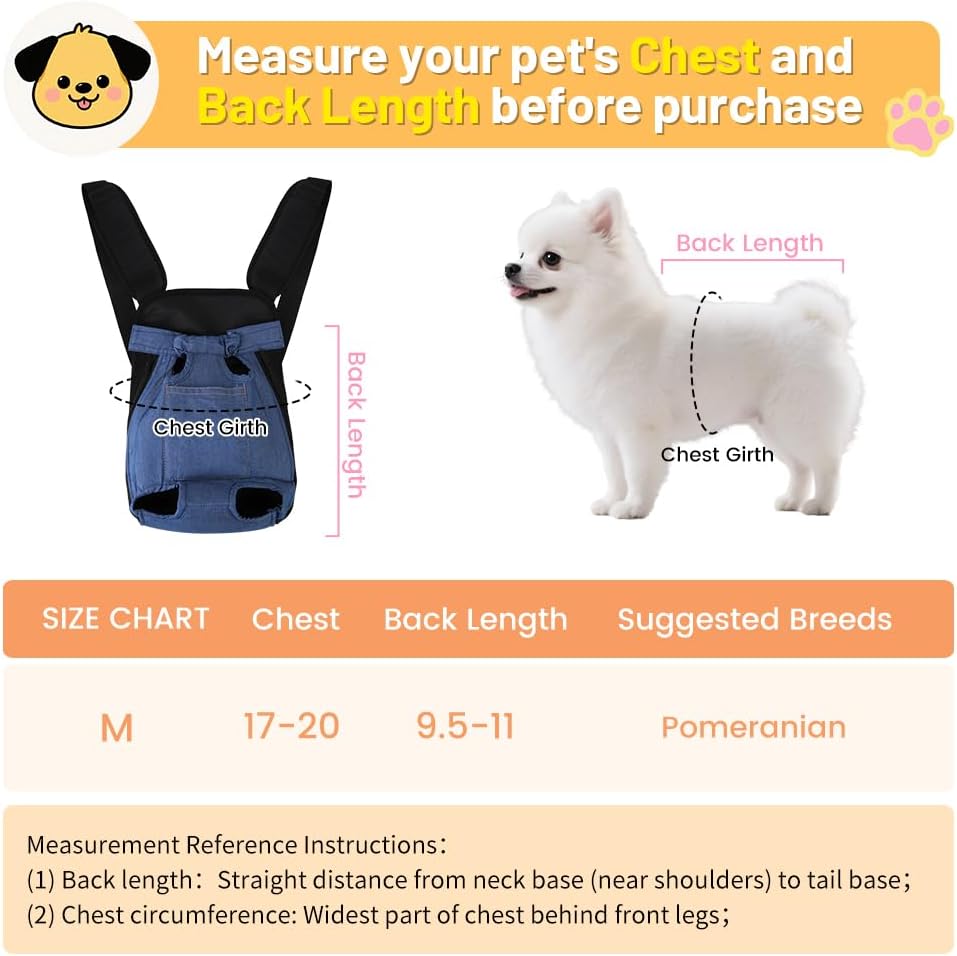 Inspack Dog Backpack Carrier/Cat Carrier, Adjustable Pet Front Carriers Travel Bag for Puppy Medium Dogs, Legs Out, Soft Ventilated Dog Chest Carry Backpacks for Hiking/Camping, 4-7 lbs, Indigo Denim