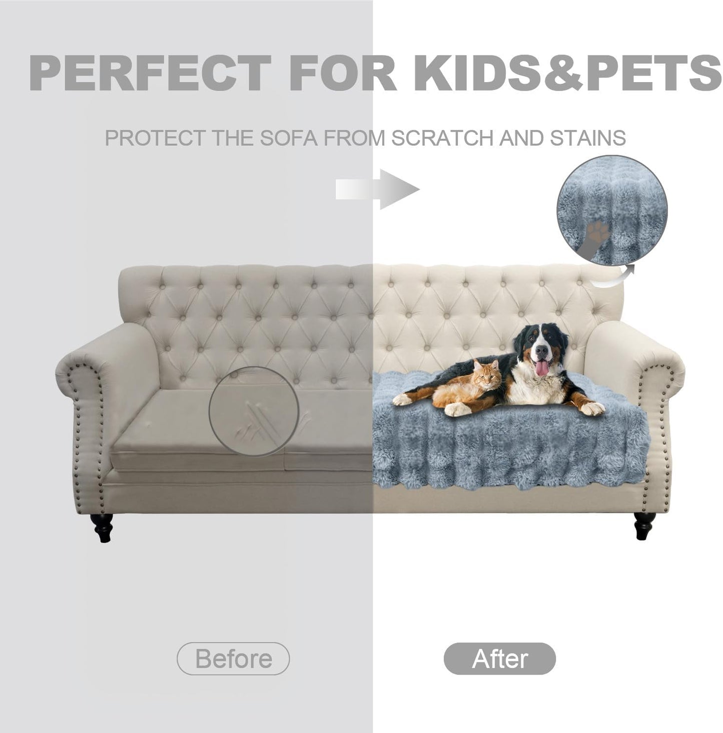 Dogs/Cats Bed Mats, Dog Pad Washable Removable Couch Cover with Anti-Slip Back, Plush Long Fur Mat, Perfect for Small, Medium and Large Dogs.(Light Gray-Bubble, 40"x50")