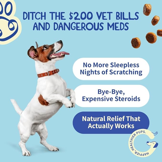 Dog Itching Skin Relief - Itch Relief for Dogs – Dog Allergy Relief with Salmon Oil - Anti Itch for Dogs Itchy Skin and Coat, Probiotics, Mushroom, Quercetin, Bromelain & Turmeric –120 Chicken Chews