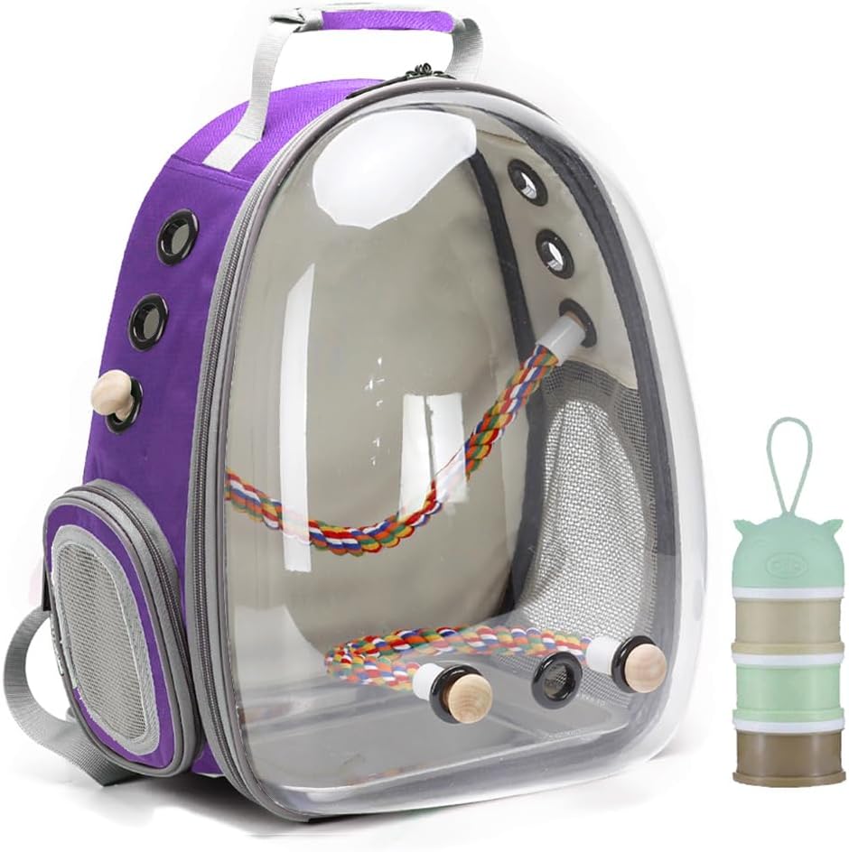 Bird Traval Carrier Cage, Clear Space Capsule Astronaut Backpack to Carry Parakeet Cockatiel Parrot with Metal Tray Wood Perch, Vet Transport Book Bag