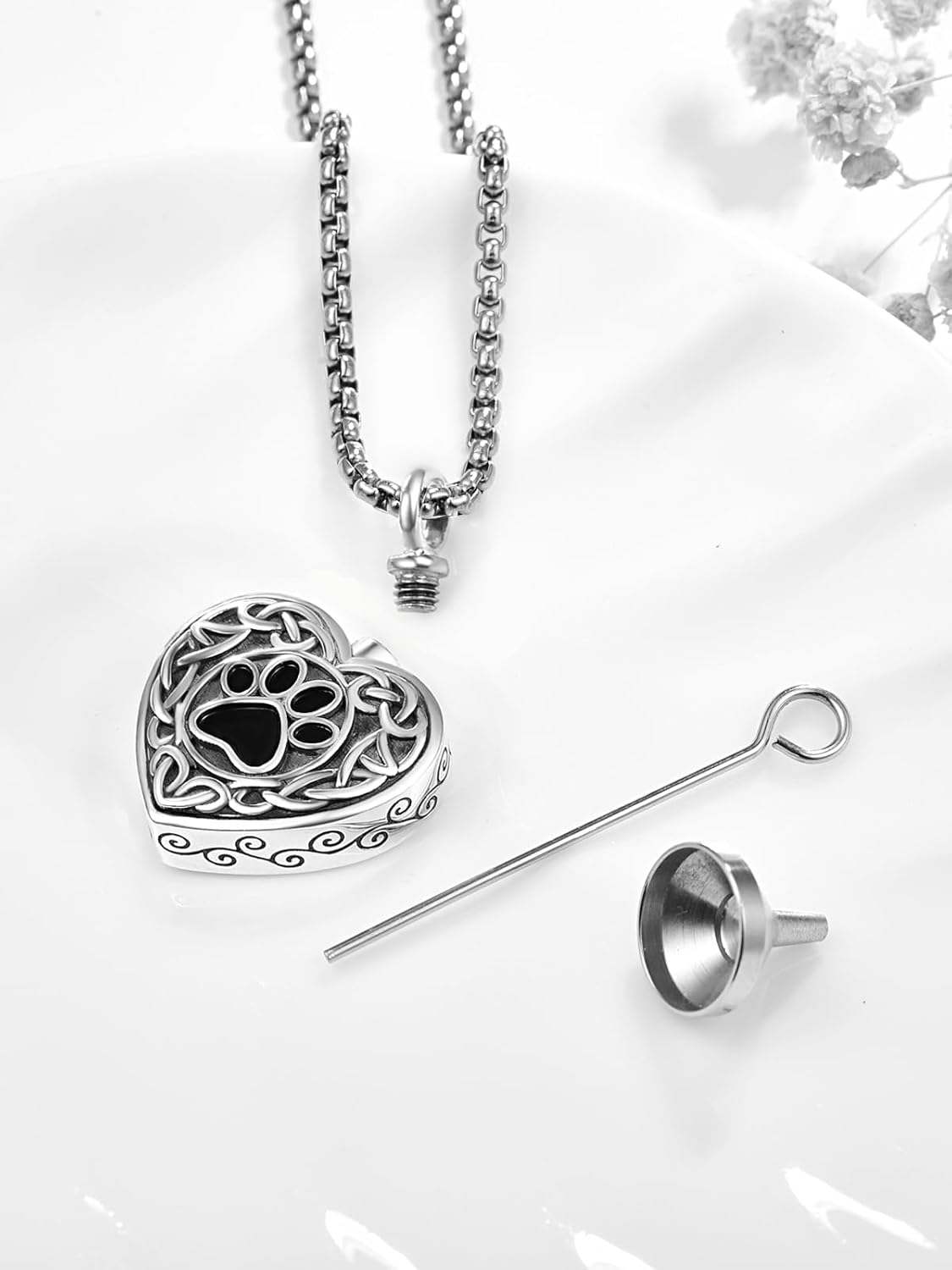 Pet Cremation Urn Necklace for Dog Cat Ashes 925 Sterling Silver Paw Print Keepsake Pendant Celtic Knot Memorial Jewelry for Women Men