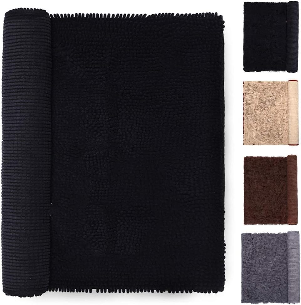 NJSBYL Bath Rugs Mats Black 26X36 Inches Shaggy Chenille Bathroom Doormats Machine Washable Dry Ultra Soft Water Absorbent