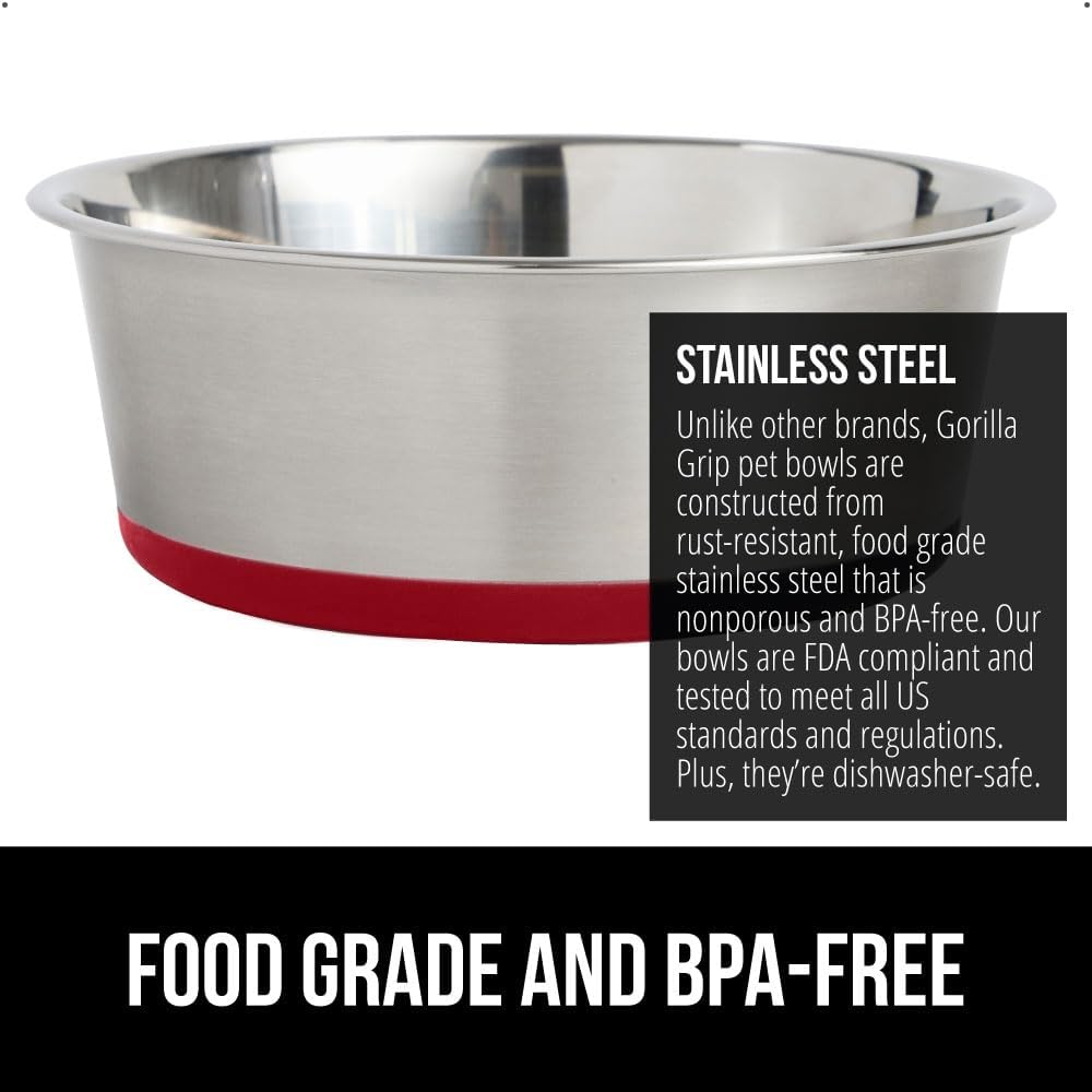 GORILLA GRIP Stainless Steel Metal Dog Bowl, Rubber Base, Heavy Duty Feeding Dish, Food Grade BPA Free, Less Sliding on Floors, Quiet Pet Bowl for Cats and Dogs, Holds 6 Cups (48 fl oz), Red