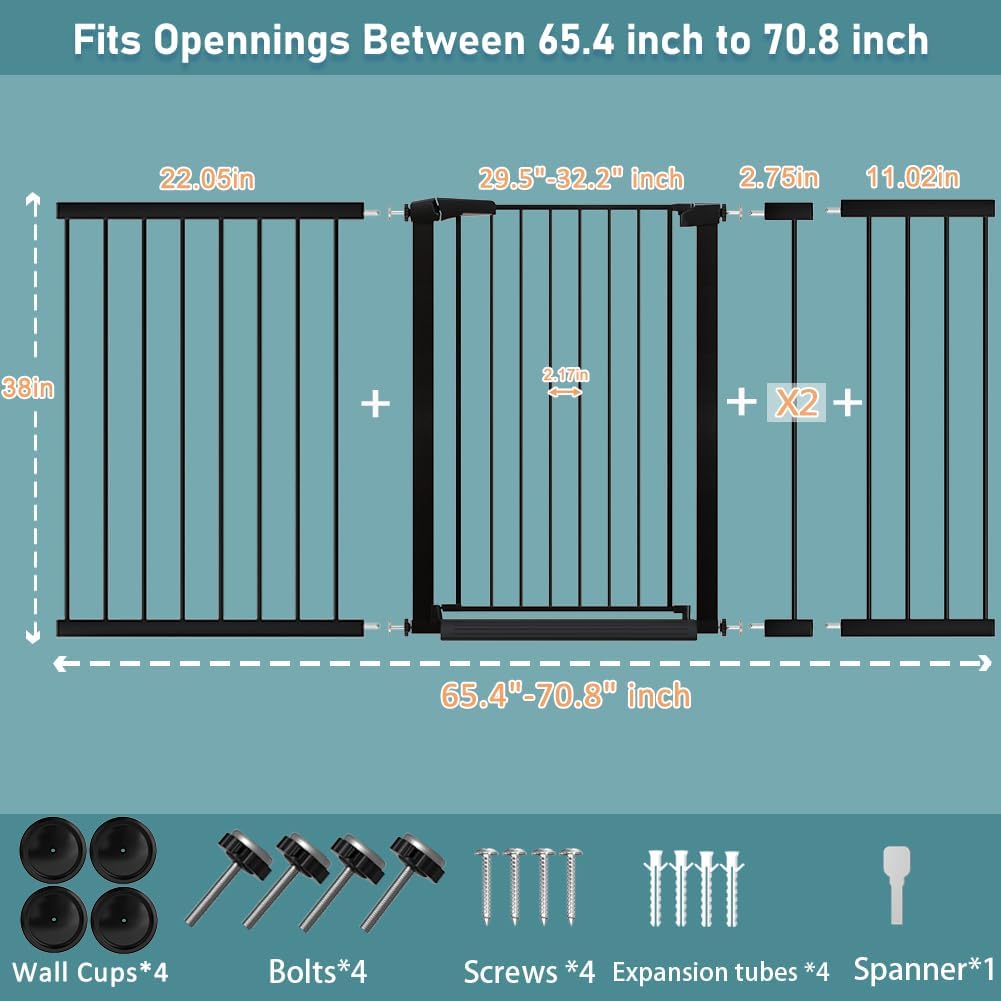 Fairy Baby 38" Extra Tall Dog Gate for Stairs and Doorways, 65.4"-70.8" Extra Wide Pet Gate Indoor, Large Safety Child Gate No Drill, Metal Auto Close Baby Puppy Gate for House Walk Through, Black