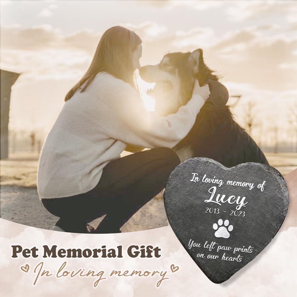 Heart Shaped Pet Memorial Stone for Dog or Cat - You Left Paw Prints on Our Hearts - Dog Heaven - Angel Wings Paw - Dog Loss Sympathy Gift