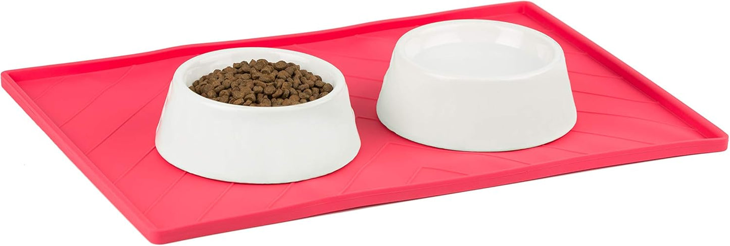 Messy Mutts Silicone Non-Slip Dog Bowl Mat with Raised Edge and Two Sides Reinforced with Metal Rods | Dog/Cat Bowl Mat with Spill-Proof Lip | Large, 24” x 16” | Watermelon