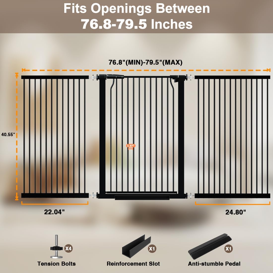 40.55" Extra Tall and Wide Baby Gate, 76.8-79.5 in Gates for Dogs Indoor with Door, Walk Through Long Pet Gate for Large Openings, Pressure Mounted Child Safety Gate for House Kid, Black