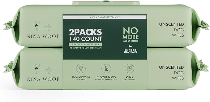 Dog Wipes – Fragrance-Free, Alcohol-Free, Hypoallergenic Pet Grooming Wipes with Aloe Vera, Biodegradable, for Dogs & Cats: Paws, Face, Ears & Butt – 2-Pack (140 Count)