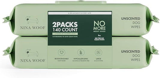 Dog Wipes – Fragrance-Free, Alcohol-Free, Hypoallergenic Pet Grooming Wipes with Aloe Vera, Biodegradable, for Dogs & Cats: Paws, Face, Ears & Butt – 2-Pack (140 Count)